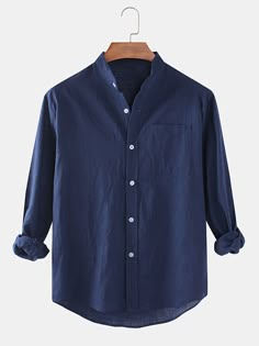 Navy Blue Long Sleeve Shirt, Casual Shirt, Man Shirt, Casual Blue T-shirt With Buttons, Blue Casual Camp Collar Shirt, Blue Relaxed Fit Shirt With Collar, Casual Blue H&m Shirt, Pocket Shirt Design