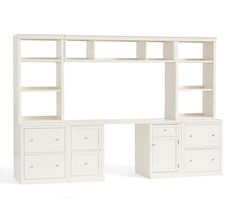 a white bookcase with drawers and cabinets on it's sides, against a white background