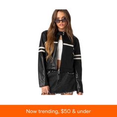 in stock Black Retro Leather Jacket With Long Sleeves, Retro Black Leather Jacket With Long Sleeves, Retro Black Leather Jacket For Winter, Casual Black Biker Jacket For Streetwear, Spring Streetwear Black Leather Jacket, Retro White Biker Jacket For Fall, White Edgy Leather Jacket For Winter, Retro Black Leather Jacket For Spring, Edgy White Leather Jacket For Winter