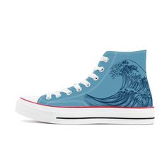 The Great Wave High Top Blue Canvas Shoes - Kaito Japan Design Painted Converse High Tops, Painted Converse, Kanagawa Prefecture, Blue Converse, Nike High Tops, The Great Wave, Tidal Wave, Converse Style, Great Wave Off Kanagawa