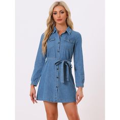 Turndown Collar, Full Placket, Chest Pockets, Above the Knee, High Low Hem Shirtdress. A truly classic staple piece this long sleeve denim dress is lightweight, soft and stylish! Occasion: Work, Office, Business, Everyday Casual. Machine Wash Cold with Like Colors. Model is wearing an X-Small, Model Body Size: Height: 5'4", Chest: 31 7/8inches, Waist: 24inches, Hip: 35 7/8inches. Fitted Long Sleeve Denim Dress With Button Closure, Long Sleeve Denim Dress For Work, Long Sleeve Denim Dress With Buttoned Pockets, Long Sleeve Medium Wash Denim Dress For Work, Trendy Long Sleeve Blue Denim Dress, Casual Long Sleeve Denim Dress For Work, Fall Collared Blue Denim Dress, Casual Fitted Denim Dress With Button Cuffs, Long Sleeve Cotton Denim Dress