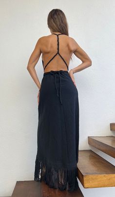 ALLE BOHO "NAOMI" Beach Maxi Dress, features a backless and twisted cotton braid as a detail on the back, Wear it as a bikini cover-up, or for an evening event, the fabric is very light and comfortable. This maxi dress is everything that you want for your next vacation. We are so proud to make Artisanal Clothing using only RAW Cotton that feels and looks very basic and natural. Our clothes do not only look natural and beautiful but they are also made in the most natural and beautiful way. Detail Chic Backless Dress With Lace-up Back For Vacation, Summer Vacation Backless Dress With Lace-up Back, Black Backless Summer Dress With Lace-up Back, Beach Season Backless Dress With Tie Back, Summer Maxi Dress With Cutout Low Back, Chic Beach Maxi Dress With Lace-up Back, Sleeveless Backless Dress For Beach, Backless Maxi Dress With Back Opening For Beach, Beach Halter Neck Backless Dress With Lace-up Back