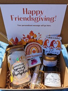 a box filled with lots of goodies for someone's thanksgiving dinner or celebration