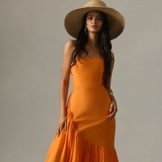 Strapless Asymmetrical Dress | Nuuly Rent Strapless Asymmetrical Summer Dress, Luxury Spring Strapless Asymmetrical Dress, Elegant Orange Strapless Summer Dress, Orange Wedding Guest Dress, Summer Strapless Orange Maxi Dress, Chic Yellow Asymmetrical Dress, Yellow Tube Dress, Orange Dress Outfits, Classy Edgy