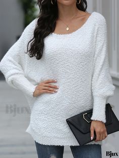 Bjux - High-Quality Fuzzy Scoop Neck Pullover Sweater for Women with Casual Batwing Sleeve and Oversized fit White Cozy Batwing Sleeve Tops, White Batwing Sleeve Cozy Top, Cozy White Batwing Sleeve Tops, White Batwing Sleeve Top For Winter, Casual Scoop Neck Sweater For Winter, Sweater For Women, Batwing Sleeve, Bat Wings, Pullover Sweater