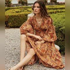 **Brand New** Bohemian Traders Floral Maxi Dress. Xs 70s Dresses Formal, Orange Boho Dress, Bohemian Style Winter, Fall Maxi Dress, Boho Dress Fall, 70s Fashion Dresses, Orange Floral Dress, New Bohemian, Orange Maxi Dress