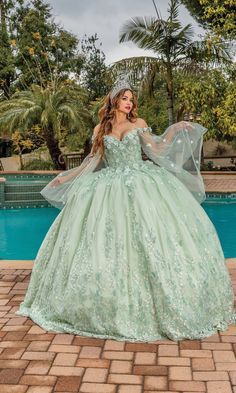 Sage green a-line quinceanera ball gown with long sheer sleeves and sweetheart neckline. Quince Dresses Green, Green Quinceanera Dresses, Quinceñera Dresses, Butterfly Applique, Quince Dress, Delicate Butterfly, Body Measurement, Quinceanera Dress, Butterfly Embroidery