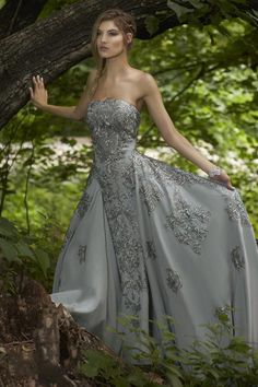 Janique - Embroidered Straight Neck A-line Gown W1691 in Silver Champagne Evening Dress, Straight Across Neckline, Long Sleeve Evening Gowns, Embroidered Bodice, Royal Look, Gowns With Sleeves, A Line Gown, Gorgeous Gowns, Lovely Dresses