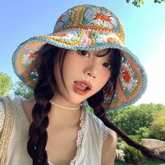 DAIIIBABYY - Dopamine Contrasting Color Flower Straw Cap for Women Summer Seaside Vacation Sunscreen Fashion Big Brim Hollow Woven Bucket Hat Casual Multicolor Sun Hat For Spring, Casual Colorful Bucket Hat, Colorful Spring Hats For Vacation, Colorful Sun Hat With Curved Brim For Spring, Colorful Curved Brim Sun Hat For Spring, Colorful Wide Brim Sun Hat For Spring, Colorful Casual Sun Hat For Summer, Colorful Casual Summer Sun Hat, Colorful Casual Bucket Sun Hat