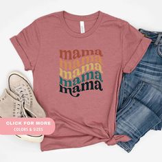 This Mama T-Shirt is the perfect gift for Mom for Mother's Day! All of our shirts are super soft and cozy.  HOW TO ORDER 1. Check photos for sizing and color options 📏 2. Select size and color from the drop down menus ✨ 3. Add to cart & Place order 🛒 4. Your shirt is now off to production and will be ready for shipment in 1-5 days! 🎁 (Note: Holidays production time may extend - check shop announcement for updates in busier Holiday times) 📏 SHIRT SIZING All shirts come in multiple colors and Mother's Day Graphic Tee With Text Print, Mother's Day Crew Neck Shirt With Text Print, Mother's Day Text Print Crew Neck Shirt, Mother's Day Graphic Tee With Letter Print, Pink Graphic Print T-shirt For Mother's Day, Crew Neck Shirt With Text Print For Mother's Day, Cotton T-shirt With Letter Print For Mother's Day, Pink T-shirt With Letter Print For Everyday, Funny Print Crew Neck Top For Mother's Day