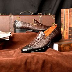 Step into a world of luxury and sophistication with our exquisite Luxury CrocTex Pointed Toe Slip-On Loafers. Crafted with the finest quality genuine leather, these loafers are designed to elevate your footwear game to new heights. With their elegant brogue shoe type, solid pattern type, and sleek pointed toe shape, these loafers are perfect for both formal and casual occasions. Experience maximum comfort and support with the soft and breathable cow leather lining and full grain leather insole. The rubber outsole provides excellent traction and durability, ensuring steady steps wherever you go. Elevate your footwear collection and make a statement with our Luxury CrocTex Pointed Toe Slip-On Loafers. Luxury Slip-on Leather Shoes For Business, Luxury Slip-on Dress Shoes With Textured Sole, Luxury Brown Slip-on Moccasins, Luxury Semi-formal Slip-on Moccasins, Brown Crocodile Pattern Slip-on Moccasins, Brown Oxfords With Crocodile Pattern And Round Toe, Office Dress Shoes With Brown Crocodile Pattern, Luxury Leather Sole Slip-ons For Business Casual, Business Moccasins With Crocodile Pattern And Round Toe