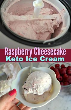 raspberry cheesecake keto ice cream in a bowl