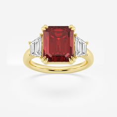 11x9mm Emerald Cut Created Ruby and 1 ctw Lab Grown Diamond Three-Stone Engagement Ring Emerald Cut Sapphire Ring, Rings Proposal, Wedding Dinner Party, Three Stone Engagement Ring, Pearl And Diamond Earrings, Rustic Colors, Three Stone Ring, Three Stone Engagement