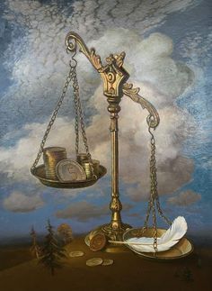 a painting of a balance scale with coins on it and a feather in the foreground