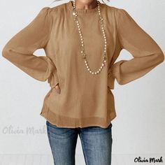 Olivia Mark - Double-Layered, Long-Sleeved Chiffon Top in a Solid Color with a Sweet and Romantic Design Flowy Long Sleeve Chiffon Blouse, Fall Flowy Chiffon Blouse, Flowy Chiffon Blouse For Fall, Feminine Chiffon Tops For Fall, Elegant Solid Color Chiffon Blouse, Casual Chiffon Blouse For Fall, Casual Long Sleeve Chiffon Blouse, Long Sleeve Chiffon Tops, Elegant Non-stretch Chiffon Blouse