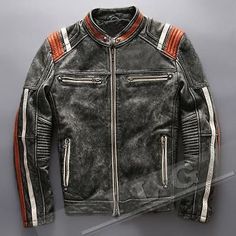 Men’s Motorcycle Biker Vintage Cafe Racer Distressed Black Real Leather Jacket | eBay Distressed Moto Leather Jacket For Fall, Distressed Biker Leather Jacket For Winter, Distressed Moto Leather Jacket For Biker Events, Distressed Black Leather Biker Jacket, Black Distressed Leather Biker Jacket, Distressed Moto Outerwear For Winter, Distressed Moto Style Outerwear, Distressed Moto Winter Outerwear, Winter Moto Distressed Outerwear