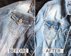 How To Soften A Jean Jacket, How To Lighten Jeans Diy, How To Lighten Denim, Diy Distress Jean Jacket, Lighten Jeans, How To Soften Denim Jacket, How To Lighten Jeans, How To Distress Denim Jacket Diy, Diy Cropped Jean Jacket