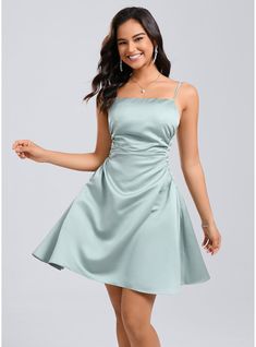 JJ's House Satin Straight Fall Spring Summer A-line General Plus Back Zip Coquette Skater Dresses Simple Agave Height:5.8ft（176cm） Bust:32in（82cm）Waist:24in（61cm）Hips:35in（89cm） No Short Blue Spaghetti Straps Homecoming Dress. #JJ's House #Satin #Straight #Fall #Spring #Summer #Aline #General #Plus #BackZip #Coquette #SkaterDresses #Simple #Agave #No #Short #Blue #SpaghettiStraps #HomecomingDress Knee Length Hoco Dress, Cute Short Dresses Casual Simple, Blue Satin Dress Short, Formal Dresses Knee Length, Satin Dress Short, Satin Hoco Dress, Light Blue Bridesmaid Dresses, Blue Satin Dress, Satin Formal Dress