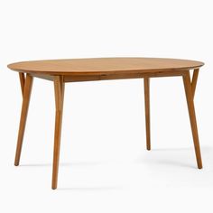 a wooden table with two legs and a round shaped top, on a white background