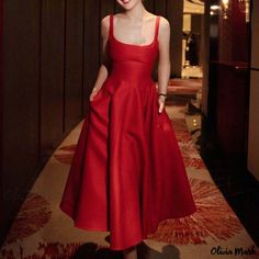 Olivia Mark - Simple Elegance Adult Evening Party Banquet Satin Host Dress for Wedding Occasion and Everyday Wear Holiday Wedding A-line Midi Dress, Red Midi Dress For Wedding Party, Red Midi Dress For Wedding Party Season, Elegant Red Midi Dress For Wedding, Red Midi Dress For Wedding And Prom Season, Red Midi Dress For Wedding And Holiday, Red Midi Dress For Summer Wedding, Red Midi Length Evening Dress For Wedding, Red Fitted Evening Dress For Wedding Guest