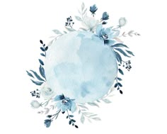 a watercolor circle with blue flowers and leaves