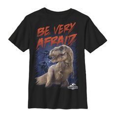 Prepare yourself for some dangerous dinosaurs with the Jurassic World Be Very Afraid Black T-Shirt. A huge tyrannosaurus rex searches for prey on the front of this durable black tee with "Be Very Afraid" printed above and the Jurassic World logo below. Size: M.  Gender: male.  Age Group: kids.  Pattern: graphic. Jurassic World Logo, World Logo, Jurassic World Dinosaurs, Sleeve Packaging, Kids Clothes Boys, Tyrannosaurus Rex, Boy Tees, Jurassic World, Jurassic Park