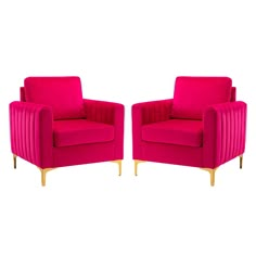 two pink chairs sitting next to each other on top of a white background with gold legs