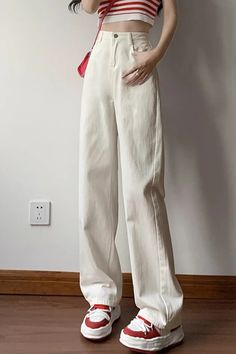 High Waist Vintage Straight Long Jeans Pants – Tomscloth Non-stretch White Cotton Bottoms, Trendy White Cotton Wide Leg Pants, White High-waisted Cotton Pants, Casual White Straight Leg Pants, White High-waisted Wide Leg Cotton Pants, White High-waisted Cotton Wide Leg Pants, Casual White Cotton Wide Leg Pants, High-waisted Non-stretch Cotton Pants, High Waist Non-stretch Cotton Pants