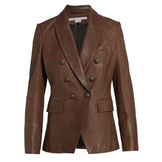 Textured Leather Jacket With Sharp Peaked Lapels Framing Goldtone Double-Breasted Button Closure For An Opulent Look. Peak Lapels Long Sleeves Double-Breasted Button Closure Chest Welt Pocket Flap Pockets At Hips 100% Lamb Leather Professional Leather Clean Imported New With Tags. Size 6. Brown Double-breasted Blazer With Buttons, Designer Leather Jacket For Work With Double Button Closure, Luxury Brown Double-breasted Blazer, Tailored Brown Leather Jacket For Work, Luxury Brown Blazer With Buttons, Designer Brown Blazer With Buttons, Fall Leather Jacket With Double-breasted Button, Designer Leather Jacket With Button Closure For Work, Designer Brown Blazer For Work