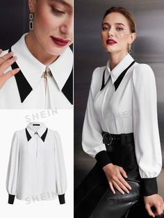 White Long Sleeve Top With Contrast Collar, Fitted Collared Top With Splicing, Chic Tops With Contrast Collar, Elegant White Top With Contrast Collar, Long Sleeve Blouse With Splicing For Fall, Fall Long Sleeve Blouse With Splicing, Fall Long Sleeve Splicing Blouse, Chic Long Sleeve Top With Splicing, Chic Color Block Blouse For Work