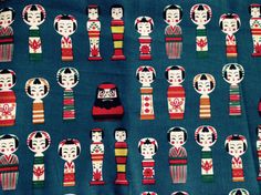 an image of japanese dolls on blue background with red and green accents, all in different colors