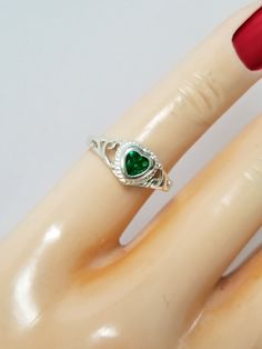 "Thanks for shopping our vintage estate store. We tend to sell well below wholesale and truly hope you enjoy all of our items. Many of the items are one of a kind, so please enjoy scrolling through the pictures and hopefully something will catch your eye. Brown spots are from the camera. Estate nice sterling silver 925 green emerald heart midi or baby ring. This is a custom made item from our shop, meaning we set the gem into the setting. Ring size: please select a size Setting: 3/8\" 8mm Band w Silver Heart-shaped Birthstone Ring Gift, Silver Heart Ring For May Birthstone Gift, Green Heart Ring For May Birthstone Gift, Sterling Silver Heart Rings With Emerald, Silver Heart-shaped May Birthstone Ring, Sterling Silver Heart Rings For May Birthstone, Handmade Vintage Heart Ring Gift, Sterling Silver Heart-shaped Birthstone Ring For Birthday, Heart Shaped Sterling Silver Birthstone Ring For Birthday