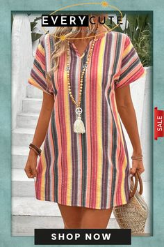 Women's Colorful Striped V-neck Loose A-hem Dress Multicolor Split Neck Spring Dresses, Spring Multicolor Mini Dress With Split Neck, Multicolor Split Neck Mini Dress For Spring, Multicolor Mini Dress With Split Neck For Spring, Colorful V-neck Dress For Day Out, Multicolor Summer Dress With Split Neck, Colorful V-neck Mini Dress, Multicolor Bohemian Dress With Split Neck, Casual Multicolor Split Neck Dresses