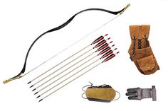 a bow and arrow set is shown with its case, gloves, and other accessories