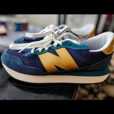 New Balance 237 Nwot Sz 10.5 Mountain Teal Gold Moss Blue Retro Sneakers With Round Toe, Retro Blue Sneakers With Round Toe, Blue Low-top Sneakers With Removable Insole, New Balance Blue, New Balance Shoes, Teal And Gold, Blue Gold, New Balance, Athletic Shoes