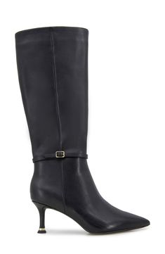 A buckled ankle strap adds modern sophistication to a knee-high leather boot balanced by a pointy toe and tapered heel. 2 1/2" heel 15" shaft; 15 1/4" calf circumference Side zip closure with elastic gore inset Cushioned footbed Leather upper/synthetic lining and sole Imported Elegant Fitted Knee-high Boots With Buckle Closure, Wide Calf Heeled Boots With Buckle For Work, Wide Calf Heeled Boots With Buckle Closure For Work, Fitted Calf Leather Boots With Buckle Closure, Ankle Strap Boots With Buckle Closure For Work, Buckle Closure Ankle Boots For Work, Fitted Office Boots With Buckle Closure, Wide Calf High Heel Boots With Buckle Closure, Wide Calf Low Heel Knee-high Boots For Work