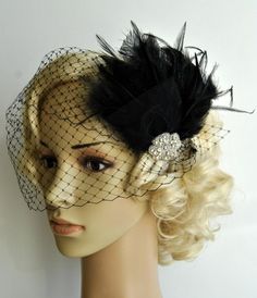 Veil and fascinator Downton Abbey 1920's flapper headpiece-  black, The Great Gatsby, birdcage veil 20s Headband, 1920s Hair Accessories, Gatsby Headpiece, Flapper Headpiece, Gatsby Headband, 1920s Headpiece, 1920's Flapper, Flapper Headband, Fascinator Hairstyles