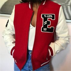 New With Tags Varsity Leather Jacket, Fall Baseball, Baseball Jacket Women, Career Wear, Fall Jackets, Dressy Tops, Baseball Jacket, Workout Gym, Red Jacket