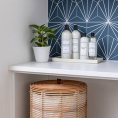 a shelf with two bottles and a basket on it next to a potted plant