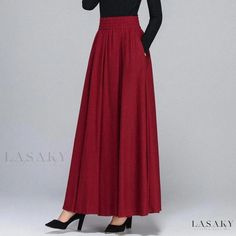 Lasaky - Stylish Wine Red Midi Skirt with Flared Hem in Cotton Linen Blend Wine Red Skirt, Red Midi Skirt, Linen Midi Skirt, Women Floral Blouse, Burgundy Skirt, Midi Flare Skirt, Red Midi, Denim Pencil Skirt, Pleated Maxi Skirt