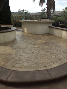 an outdoor patio with concrete steps and planters on either side, surrounded by palm trees