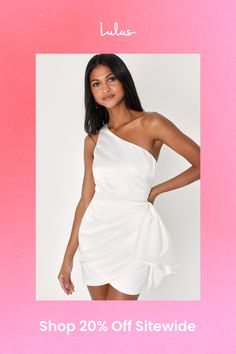 You deserve to be the center of attention, so you need a dress with the attitude to match! The Lulus All About Her White Satin One-Shoulder Bow Mini Dress is all that and more thanks to structured woven satin that perfectly showcases all your curves, shaping a darted bodice with a single tank strap and a trendy one-shoulder neckline (with hidden no-slip strips). Fitted waist tops a strategically gathered detail that continues into an oversized bow. Overlapping mini hem completes this flirty look Dress With Big Bow, Bow Mini Dress, Lulu Fashion, In The Spotlight, Big Bow, Satin Mini Dress, Big Bows, White Satin, Personal Marketing