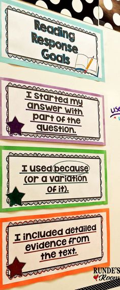 four reading response tags on a bulletin board