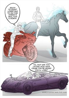 a comic strip with an image of a horse and a person riding on a car