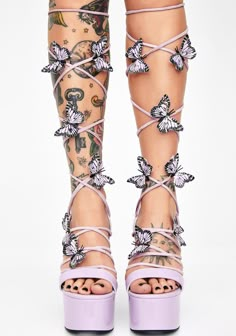 Sugar Thrillz Pixie Queen Lace Up Heels Dollskill Shoes, Lilac Butterfly, Butterfly Heels, Dolls Kill Shoes, Butterfly Shoes, Ankle Strap Chunky Heels, Shoes Purple, Cute Shoes Heels, Prom Heels