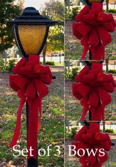 the four bows on this street light are all tied up and ready to be decorated