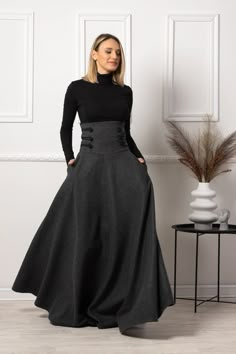 High Waist Edwardian Walking Skirt Wool Maxi Gored Skirt With - Etsy Plus Size Formal Skirts, Maxi Skirt Suits For Women, A Line Skirt Plus Size Outfit, Walking Skirt Edwardian, Dark Feminine Plus Size, Pants That Look Like Skirts, Plus Size Dark Academia Fashion, Elegant Winter Dresses, Dark Academia Outfit Plus Size