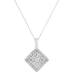 Elegant and unique, this 10k white gold square-shaped pendant will sparkle on your neck. This beautiful necklace features a single, beautiful miracle set, round-cut diamond at the center of the design. The diamond is framed by a layer of white gold, and a layer of 24 stunning round-cut diamonds. This fabulous necklace will become a staple in your everyday wear. Diamond White Square Pendant Solitaire Necklace For Anniversary, Diamond Necklace With Rectangular Pendant, Square Pendant Diamond Necklace With Prong Setting, Square Pendant Solitaire Necklace With Diamond Accents, Rectangular Diamond Cut Diamond Necklace, Diamond Solitaire Necklace With Square Pendant For Anniversary, Square Pendant Solitaire Necklace With Single Diamond, Sterling Silver Diamond Necklace With Square Pendant, Anniversary Solitaire Necklace With Square Pendant And Diamond Accents