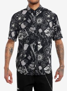 Conjure up something wicked with this woven button-up! Featuring an allover print of cauldrons  potions  occult symbols and more witchy icons.100% rayonWash cold; dry lowImportedListed in men'sunisex sizesModel is 6'1''Model wears size Medium Witchy Icons, Right Arrow Icon, Occult Symbols, Something Wicked, Professional Outfits, The Conjuring, Hot Topic, Shirts Tops, Button Up Shirts