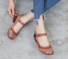 Vintage Handmade Leather Women's Shoes Comfortable Medium Thick Heel – Dresslittly Mary Janes Shoes, Moccasins Style, Shoes High Heels, Loafers Shoes, Thick Heel, Shoes Comfortable, Shoes High, Womens Shoes High Heels, Genuine Leather Shoes